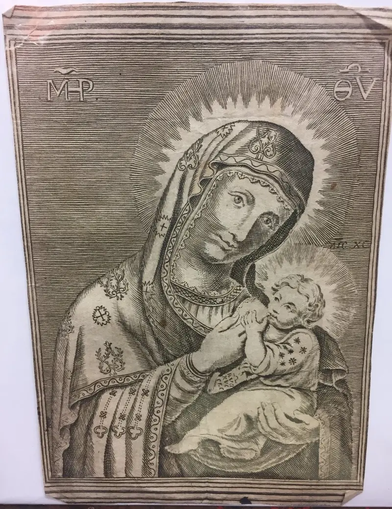 17Th Century Copper Plate Engraving ?Mother Of God." 1