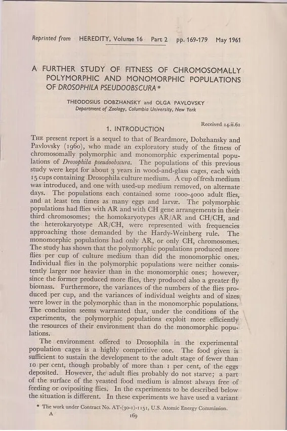 A Further Study Of Fitness Of Chromosomally Polymorphic And Monomorphic Populations Of Drosophila Pseudoobscura By Dobzhansky, Theodosius, Olga Pavlovsky 1