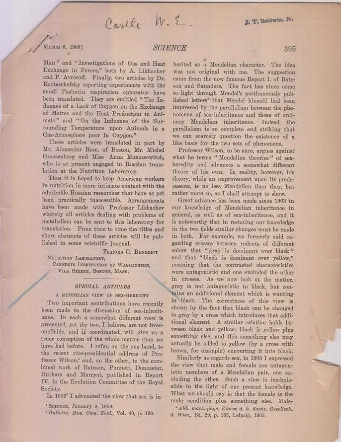 A Mendelian View Of Sex-Heredity  By Castle, W.E 1