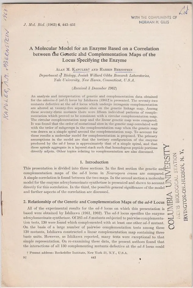 A Molecular Model For An Enzyme Based On A Correlation Between The Genetic And Complementation Maps Of The Locus Specifying The Enzyme 1