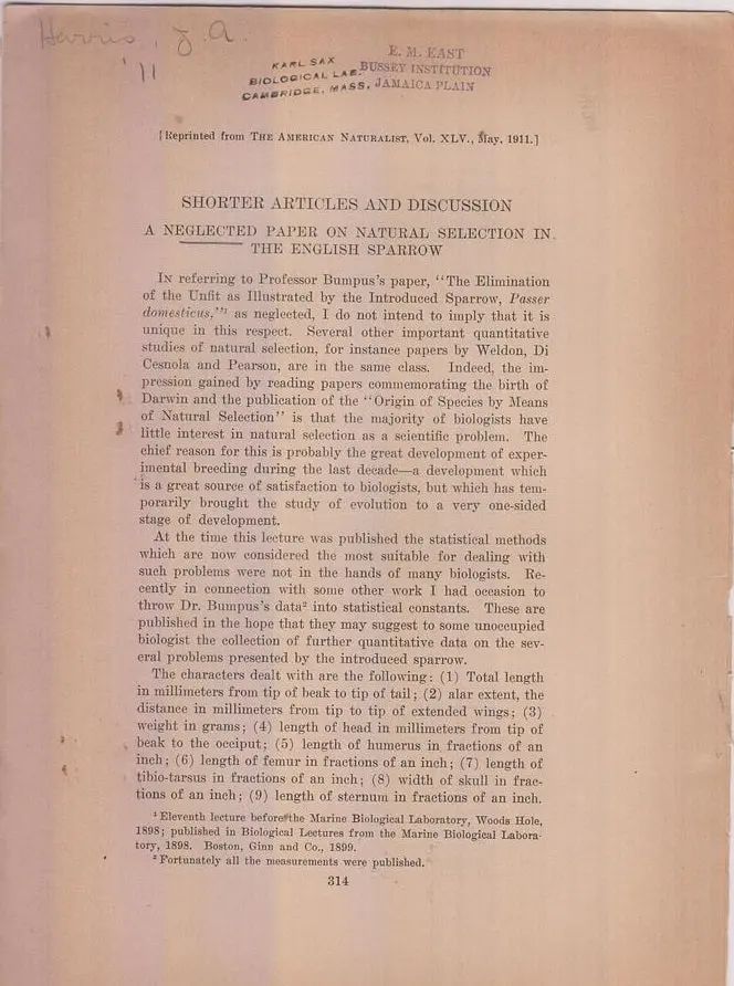 A Neglected Paper On Natural Selection In The English Sparrow  By Harris, J. Arthur 1