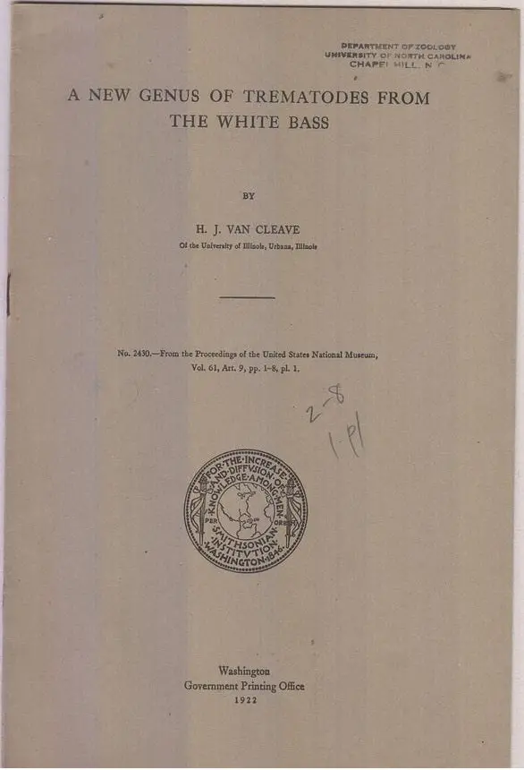 A New Genus Of Trematodes From The White Bass.  By Cleave, H.J. Van. 1