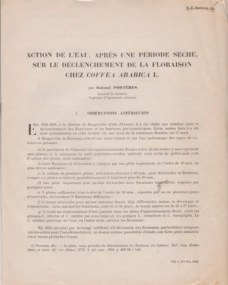 Action De L'eau, Apres Un Period Seche, Sur Le Declenchment De La Floraison Chez Coffea Arabica L. 1