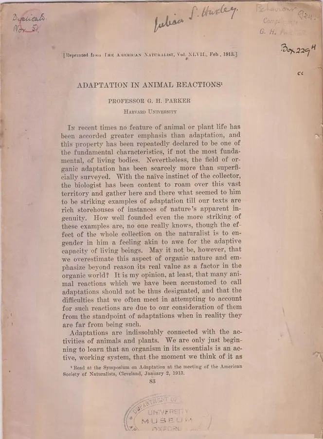 Adaptation In Animal Reactions  By Parker, G.H. 1