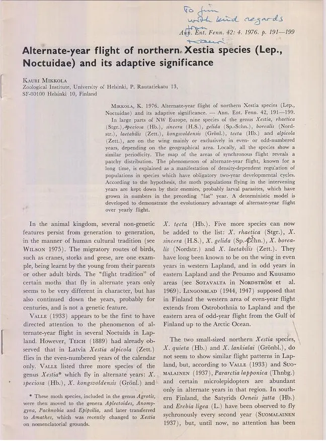 Alternate-Year Flight Of Northern Xestia Species (Lep., Noctuidae) And Its Adaptive Significance By Mikkola, Kauri 1