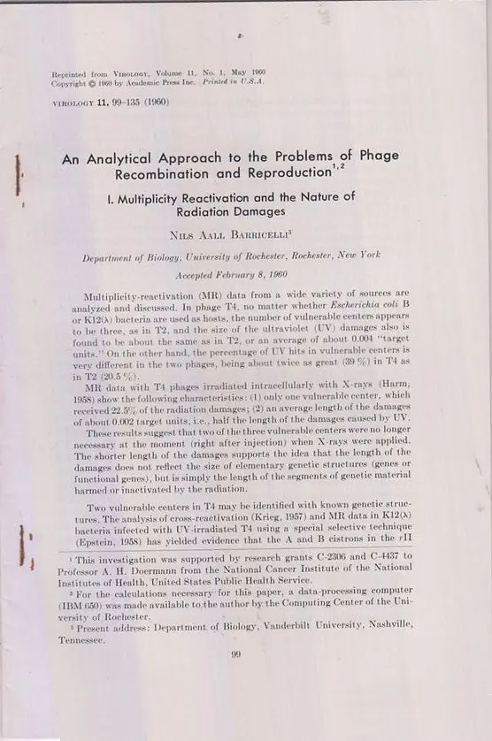 An Analytical Approach To The Problems Of Phage Recombination And Reproduction, I. Multiplicity Reactivation And The Nature Of Radiation Damages By Barricelli, Nils Aall 1