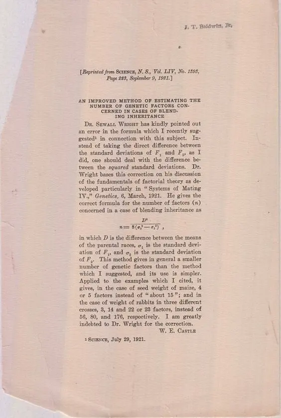 An Improved Method Of Estimating The Number Of Genetic Factors Concerned In The Cases Of Blending Inheritance  By Castle, W.E. 1