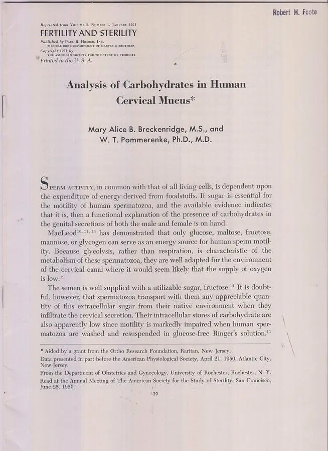 Analysis Of Carbohydrates In Human Cervical Mucus By Breckenridge, Mary Alice B., W.T. Pommerenke 1