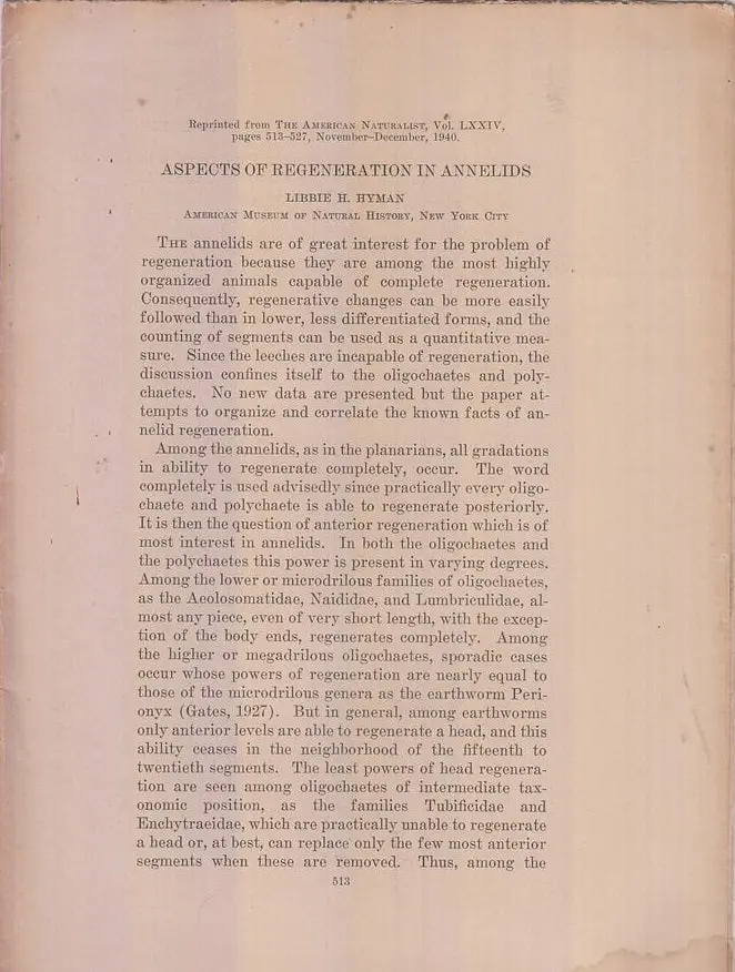 Aspects Of Regeneration In Annelids  By Hyman, Libbie H. 1