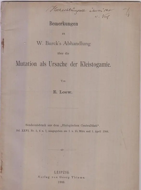 Bemerkungen Zu W. Burck's Abhandlung Uber Die Mutation Als Ursache Der Kleistogamie  By Loew. E. 1