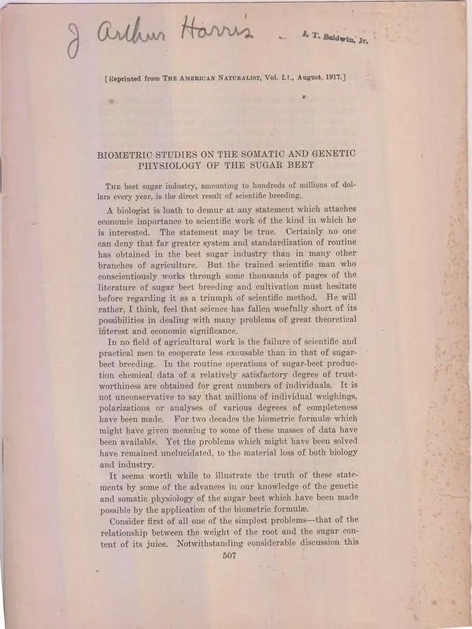 Biometric Studies On The Somatic And Genetic Physiology Of The Sugar Beet  By Harris, J. Arthur 1