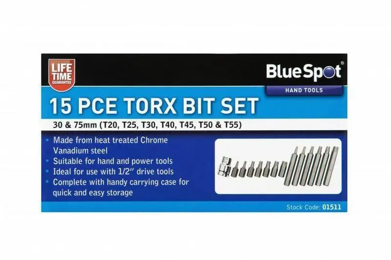 Bluespot 15 Pc Torx Bit Set T20 - T55 With 1/2" Dr Adaptor 01511 2