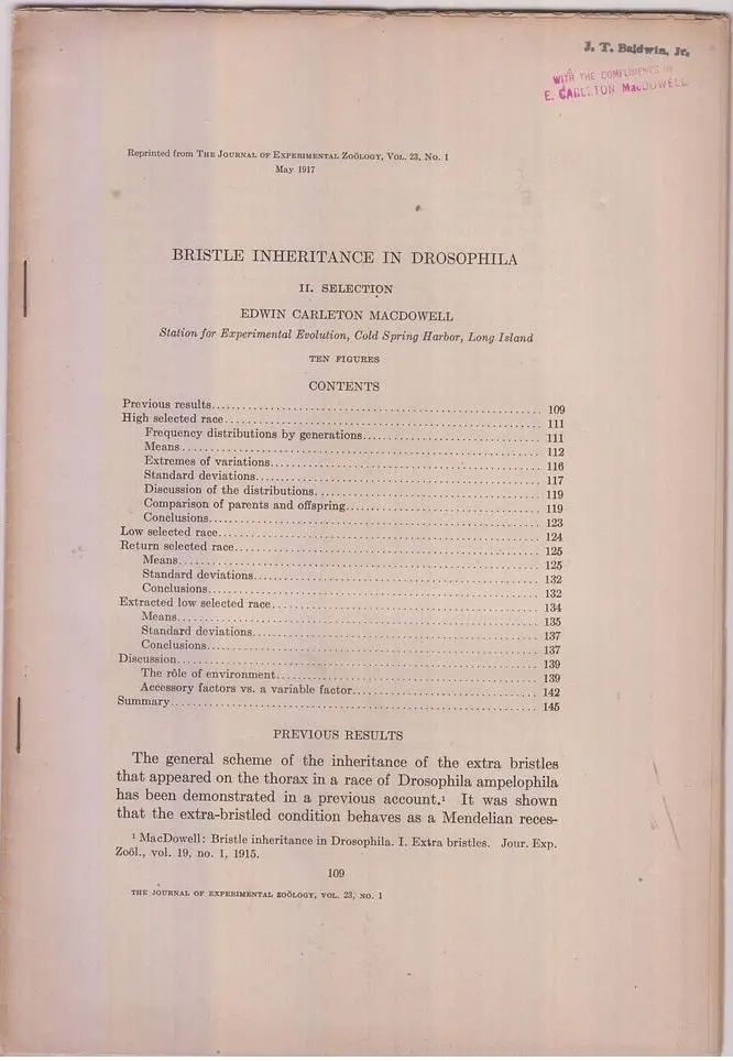Bristle Inheritance In Drosophila.  By Macdowell, Edwin Carleton. 1