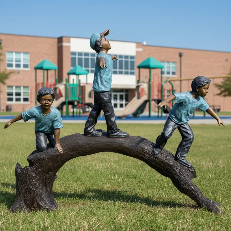 Bronze Balancing Act Trio On Log Statue 1