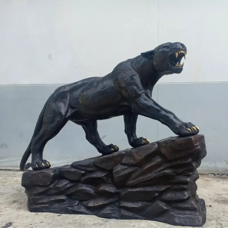 Bronze Prowling Panther Statue On Rock Base 1