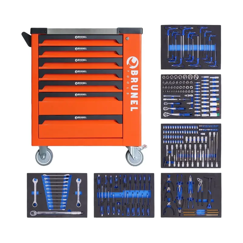 Brunel Tool 7 Drawer Caster Mounted Roller Tool Chest Cabinet With 6 Fully Stocked Drawers - 249 Pieces - Orange 1