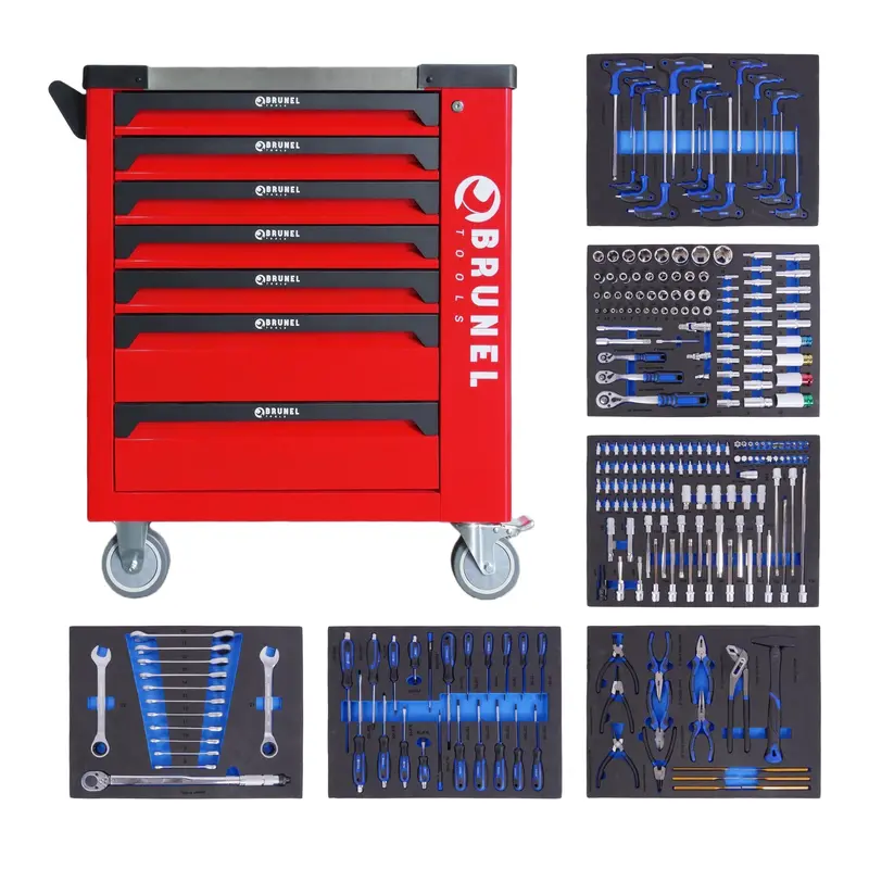 Brunel Tool 7 Drawer Caster Mounted Roller Tool Chest Cabinet With 6 Fully Stocked Drawers - 249 Pieces - Red 1