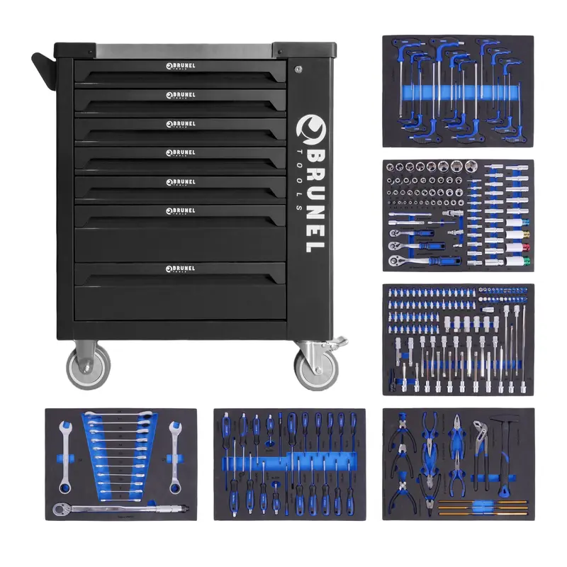 Brunel Tools 7 Drawer Caster Mounted Roller Tool Chest Cabinet With 6 Fully Stocked Drawers - 249 Pieces - Black 1