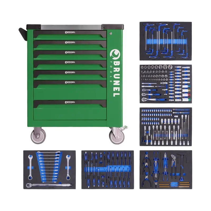 Brunel Tools 7 Drawer Caster Mounted Roller Tool Chest Cabinet With 6 Fully Stocked Drawers - 249 Pieces - Green 1
