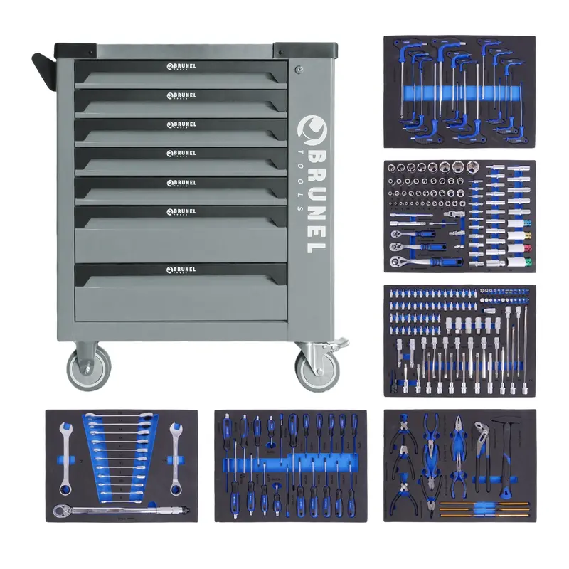 Brunel Tools 7 Drawer Caster Mounted Roller Tool Chest Cabinet With 6 Fully Stocked Drawers - 249 Pieces - Grey 1