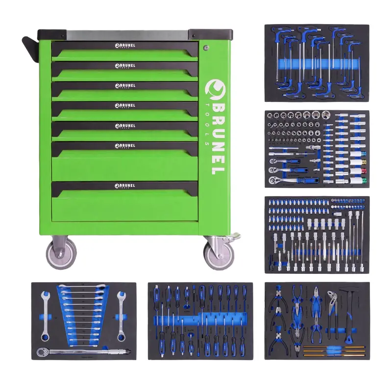 Brunel Tools 7 Drawer Caster Mounted Roller Tool Chest Cabinet With 6 Fully Stocked Drawers - 249 Pieces - Hi-Vis Green 1