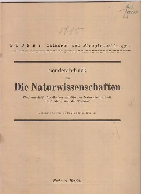 Chimaren Und Pfropfmischlinge  By Buder, Johannes 1