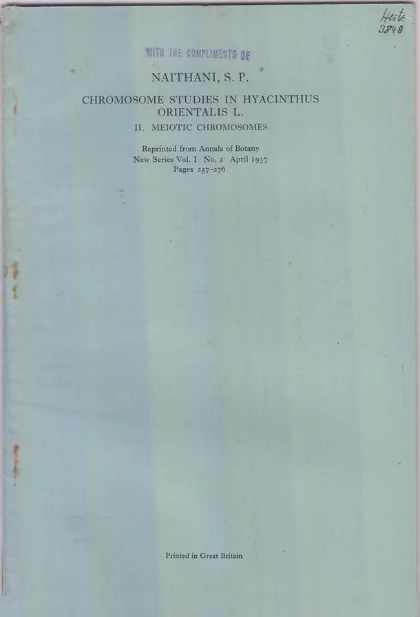Chromosome Studies In Hyacinthus Orintalis L., Ii. Meiotic Chromosomes.  By Naithani, S.P. 1