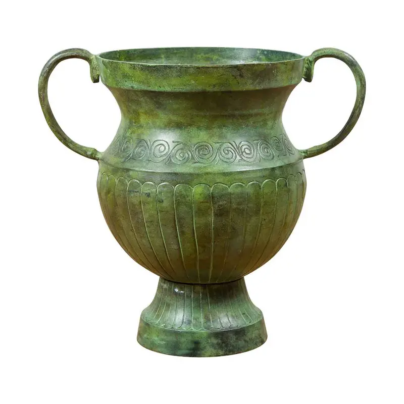 Classical Style Urn With Verde Patina, Large Handles And Gadroons 1