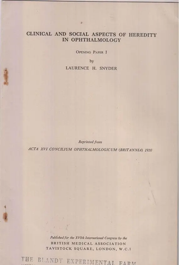 Clinical And Social Aspects Of Heredity In Ophthalmology  By Snyder, Laurence H. 1
