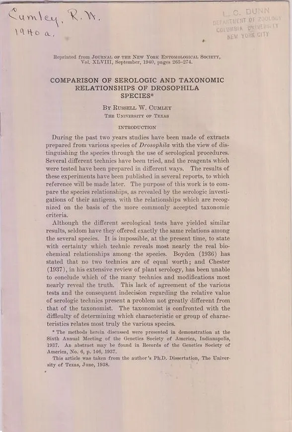 Comparison Of Serologic And Taxonomic Relationships Of Drosophila Species  By Cumley, Russell W. 1