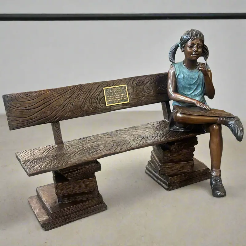 Contemplative Girl Statue On Bronze Book Buddy Bench 1