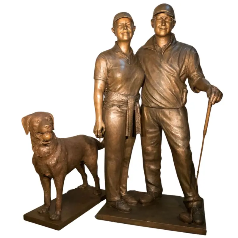 Custom Husband & Wife Golfing Statue With Pet Dog 1