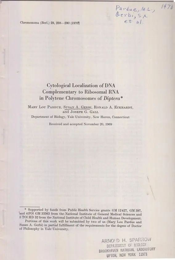 Cytological Localization Of The Dna Complementary To Ribosomal Rna In Polytene Chromosomes Of Diptera  By Pardue, Mary Lou, Susan A. Gerbi, Ronald A. Eckhardt, And Joseph G. Gall 1