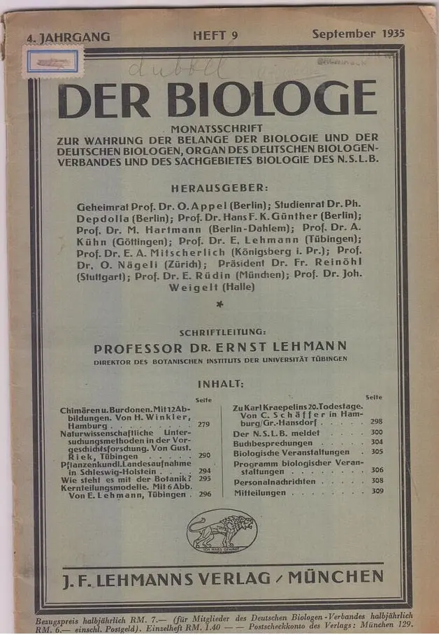 Der Biologe 4. Jahrgang, 9. Heft  By Lehmann, Ernst 1