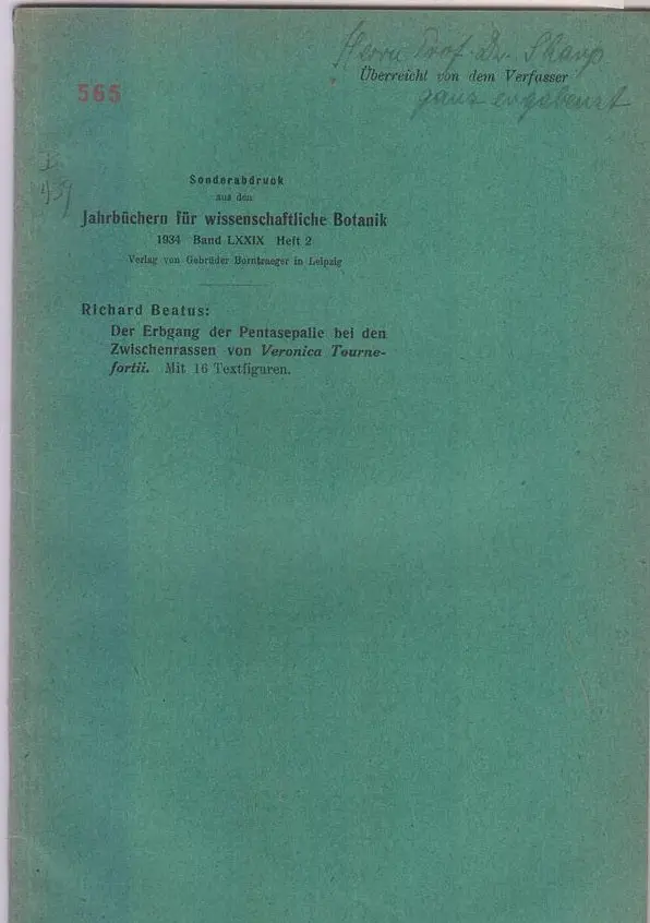 Der Erbgang Der Pentasepalie Bei Den Zwischenrassen Von Veronica Tournefortii  By Beatus, Richard 1