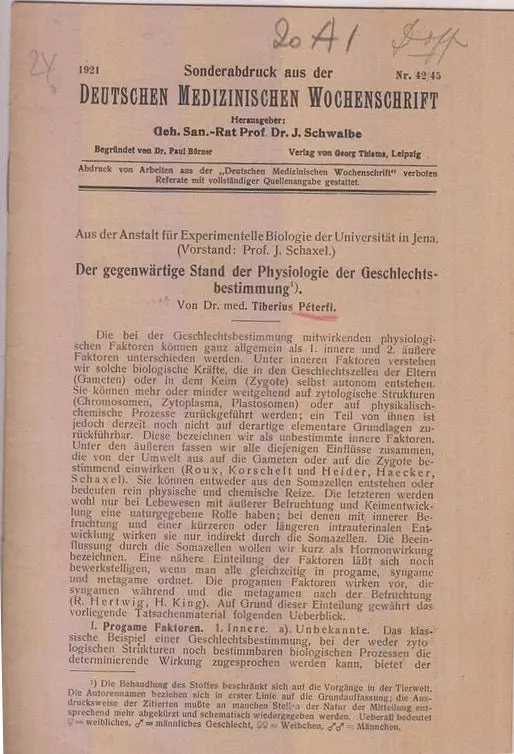 Der Gegenwartige Stand Der Physiologie Der Geschelechtsbestimmung  By Peterfi, Tiberius 1