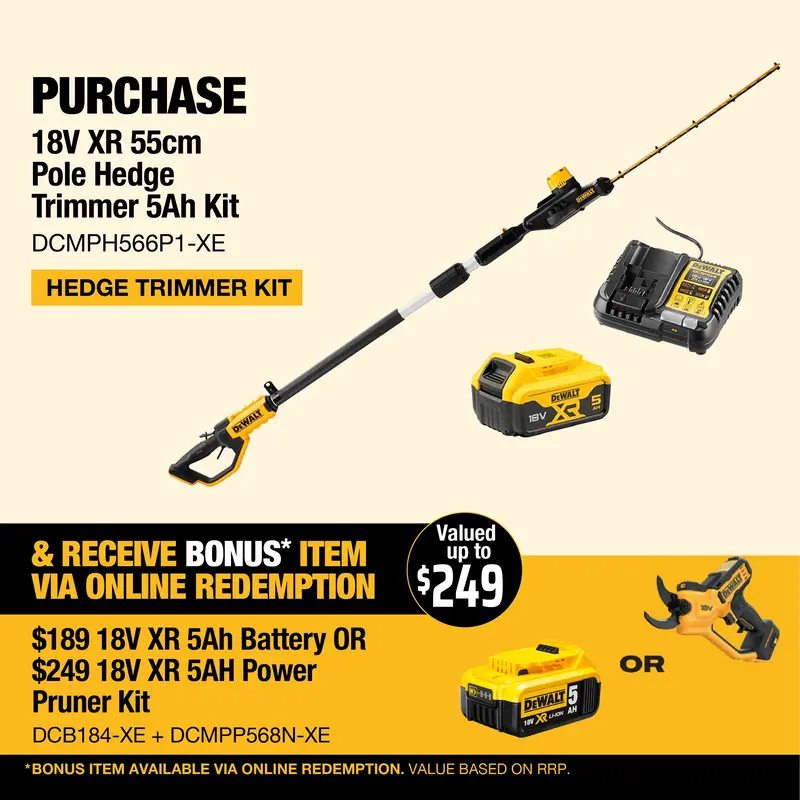 Dewalt 18V Xr 55Cm Pole Hedge Trimmer - Long-Reach 18V Pole Hedge Trimmer With 7-Position Head & 55Cm Long Blade! 1