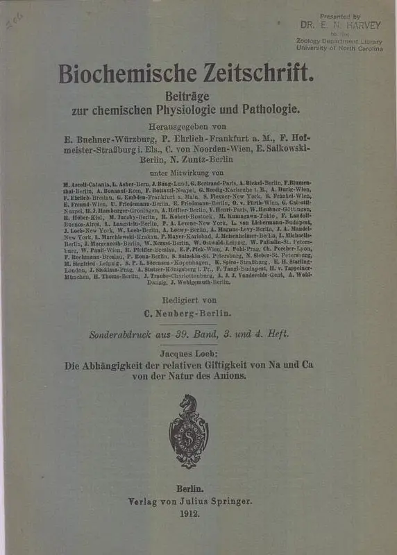 Die Abhangigkeit Der Relativen Giftigkeit Von Na Und Ca Von Der Natur Des Anions By Loeb, Jacques 1