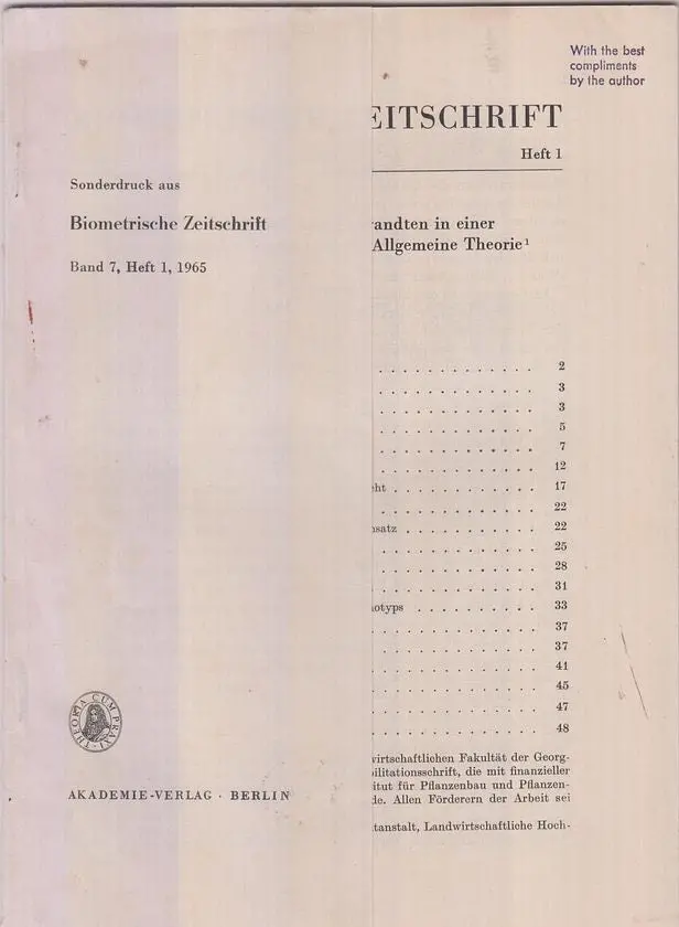 Die Covarianz Zwischen Verwandten In Einer Gen-Orthogonalen Population. I. Allgemeine Theorie  By Schnell, F.W. 1