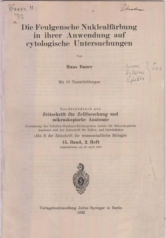 Die Feulgensche Nuklealfarbung In Ihrer Anwendung Auf Cytologische Untersuchungen  By Bauer, Hans 1