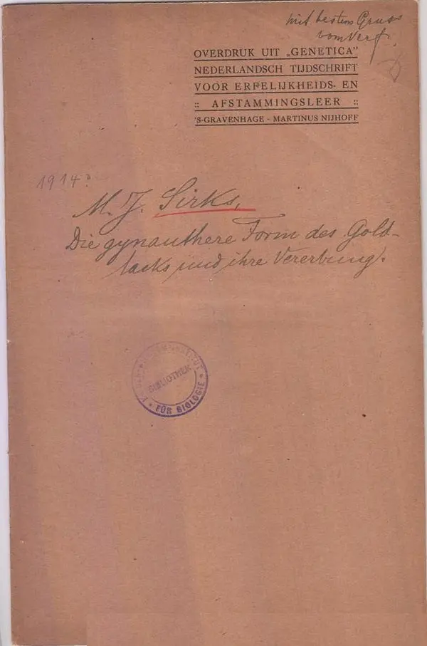 Die Gynanthere Form Des Goldlacks Und Ihre Vererbung  By Sirks, M.J. 1