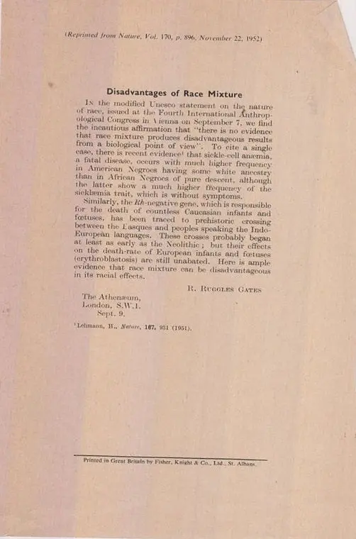 Disadvantages Of Race Mixture. By Gates, R. Ruggles 1