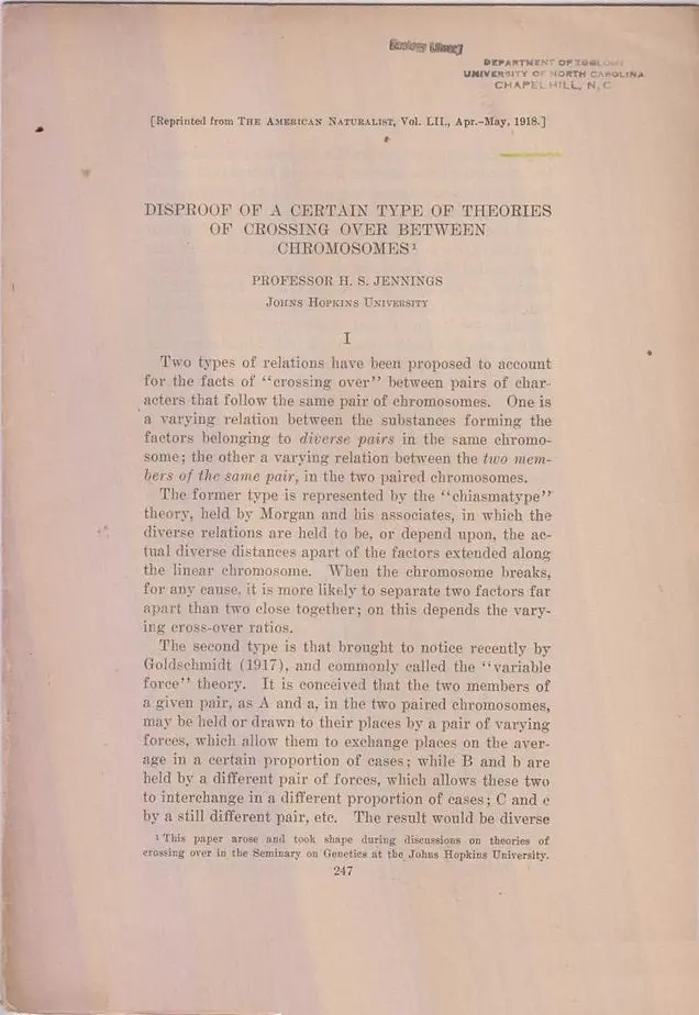 Disproof Of A Certain Type Of Theories Of Crossing Over Between Chromosomes By Jennings, H.S. 1