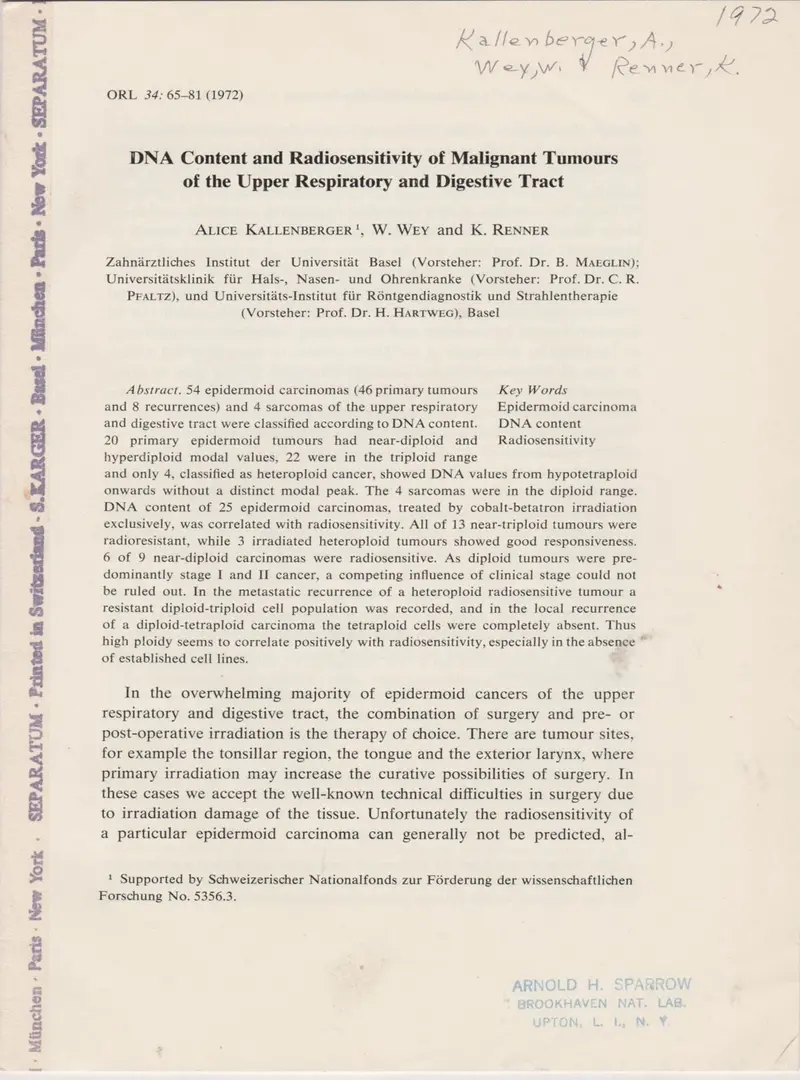 Dna Content And Radiosensitivity Of Malignant Tumours Of The Upper Repsiratory And Digestive Tract 1