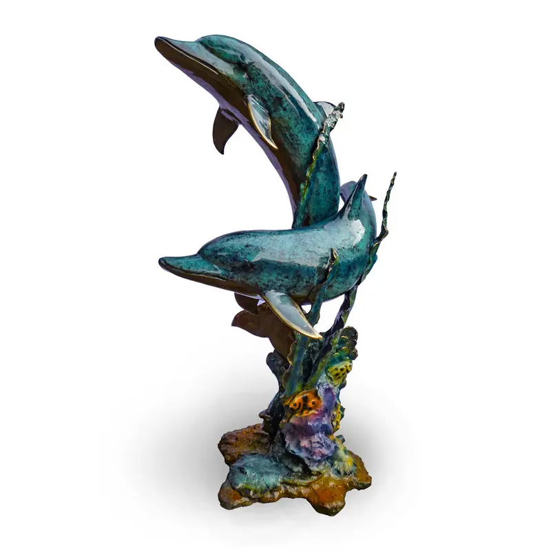 Double Swimming Dolphins On Rock Base With Special Glazed Patina 1