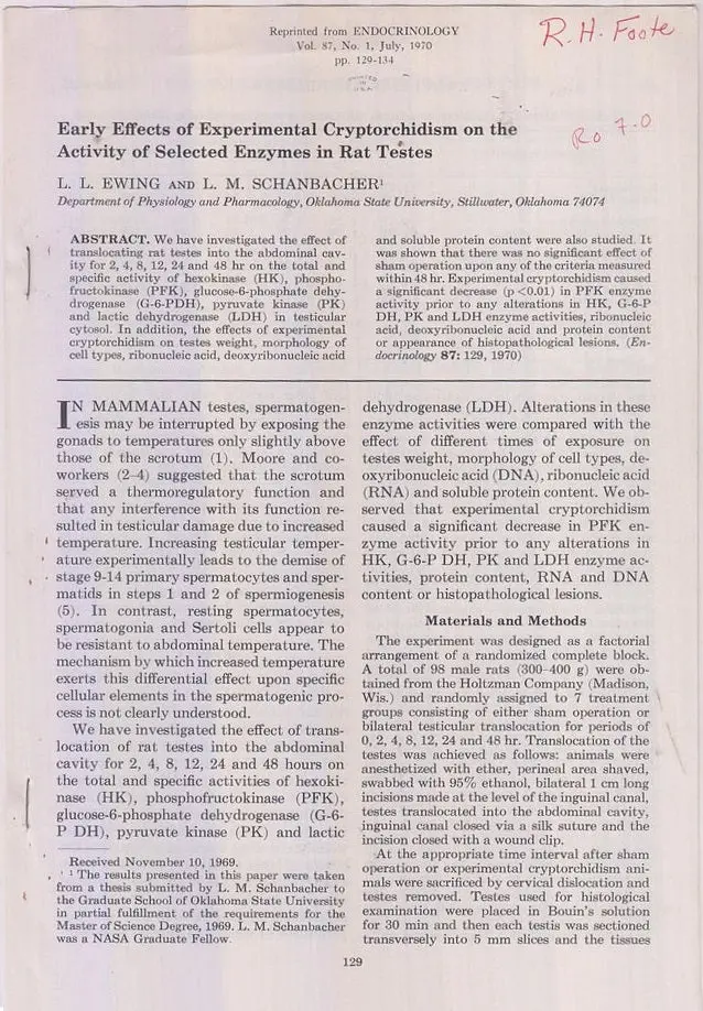 Early Effects Of Experimental Cryptorchidism On The Activity Of Selected Enzymes In Rat Testes By Ewing, L.L. And L.M. Schanbacher 1
