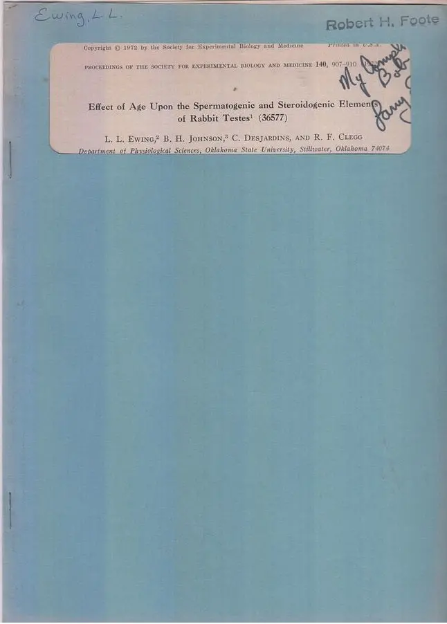Effect Of Age Upon The Spermatogenic And Steroidogenic Elements Of Rabbit Testes  By Ewing, L.L., B. H. Johnson, C. Desjardins, R.F. Clegg. 1