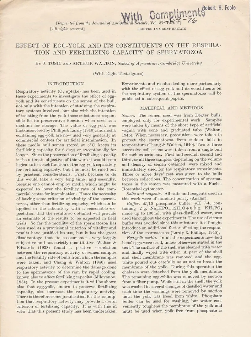 Effect Of Egg-Yolk And Its Constituents On The Respiration And Fertilizing Capacity Of Spermatozoa 1