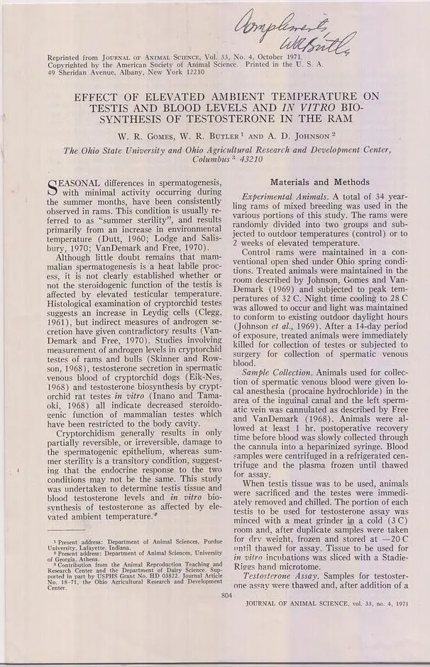 Effect Of Elevated Ambient Temperature On Testis And Blood Levels And In Vitro Bio-Synthesis Of Testosterone In The Ram By Gomes, W.R., W.R. Butler, A.D. Johnson. 1