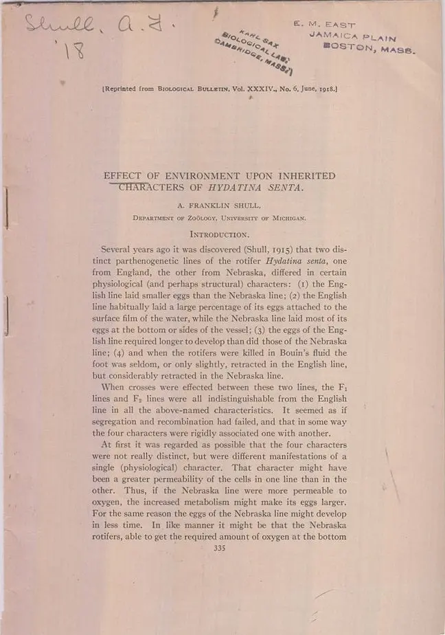 Effect Of Environment Upon Inherited Characters Of Hydatina Senta  By Shull, A. Franklin 1